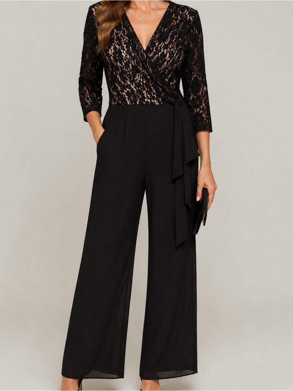Marina Black Lace Sequin Wide Leg Jumpsuit Size 16 Formal Evening Cocktail NWT